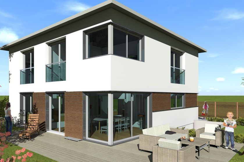 Modernes zweistöckiges Haus mit Terrasse, großen Fenstern und einem kleinen Kind im Garten.