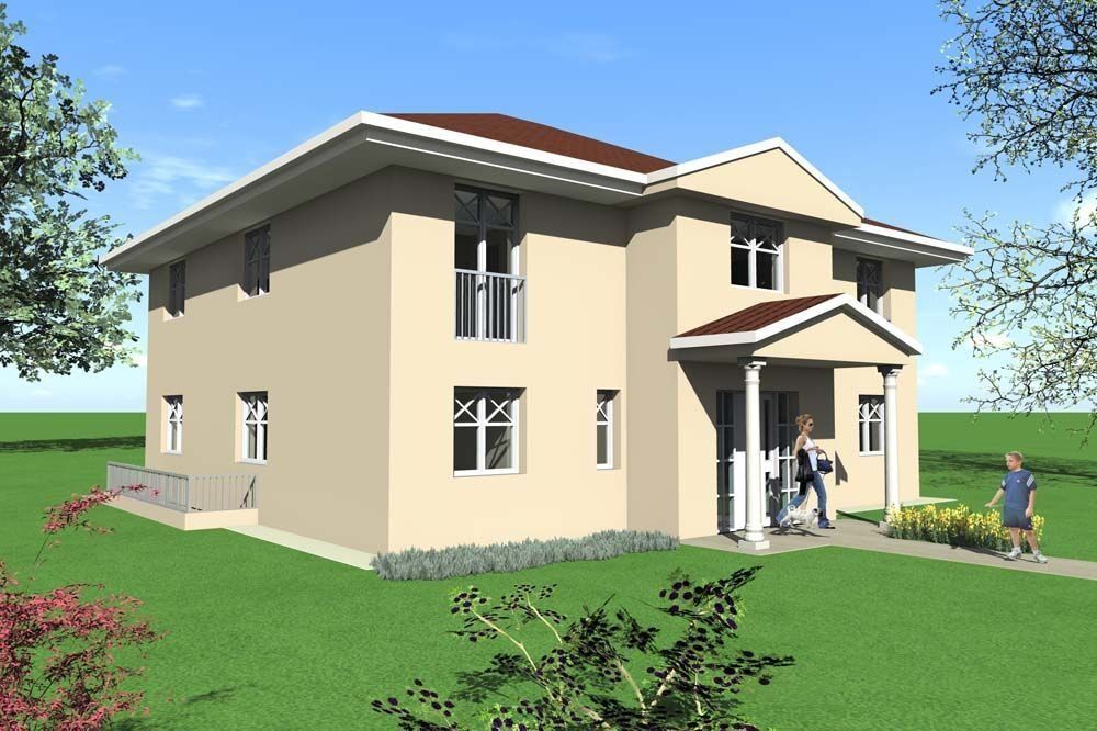 Zweistöckiges beiges Haus mit braunem Dach und weißen Zierleisten. Menschen gehen in der Nähe des Eingangs.