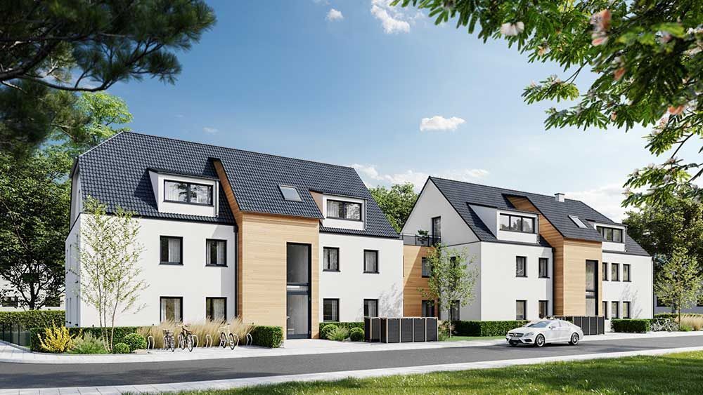 Moderne Wohnhäuser in Weiß und Holz mit dunkelblauen Dächern, sonniger Tag.