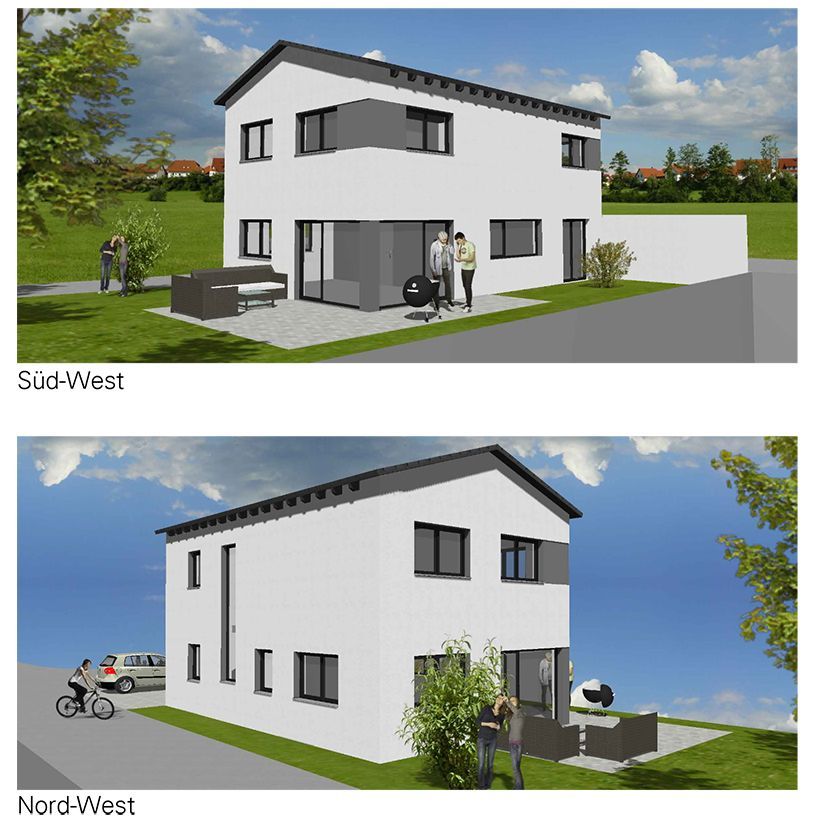 Zwei Architekturdarstellungen eines modernen weißen Hauses mit dunkelgrauem Dach. Die erste Ansicht ist nach Südwesten gerichtet und zeigt eine Terrasse und Menschen. Die zweite Ansicht ist nach Nordwesten gerichtet und zeigt eine Person.