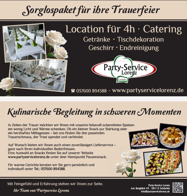 Anzeige für „Party-Service Lorenz“ mit Catering und Location für Beerdigungen. Inklusive Essensbilder und Kontaktinformationen.