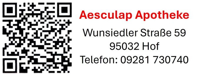 QR-Code mit Kontaktdaten der Aesculap Apotheke in Hof, Wunsiedler Straße 59, Telefonnummer 09281 730740