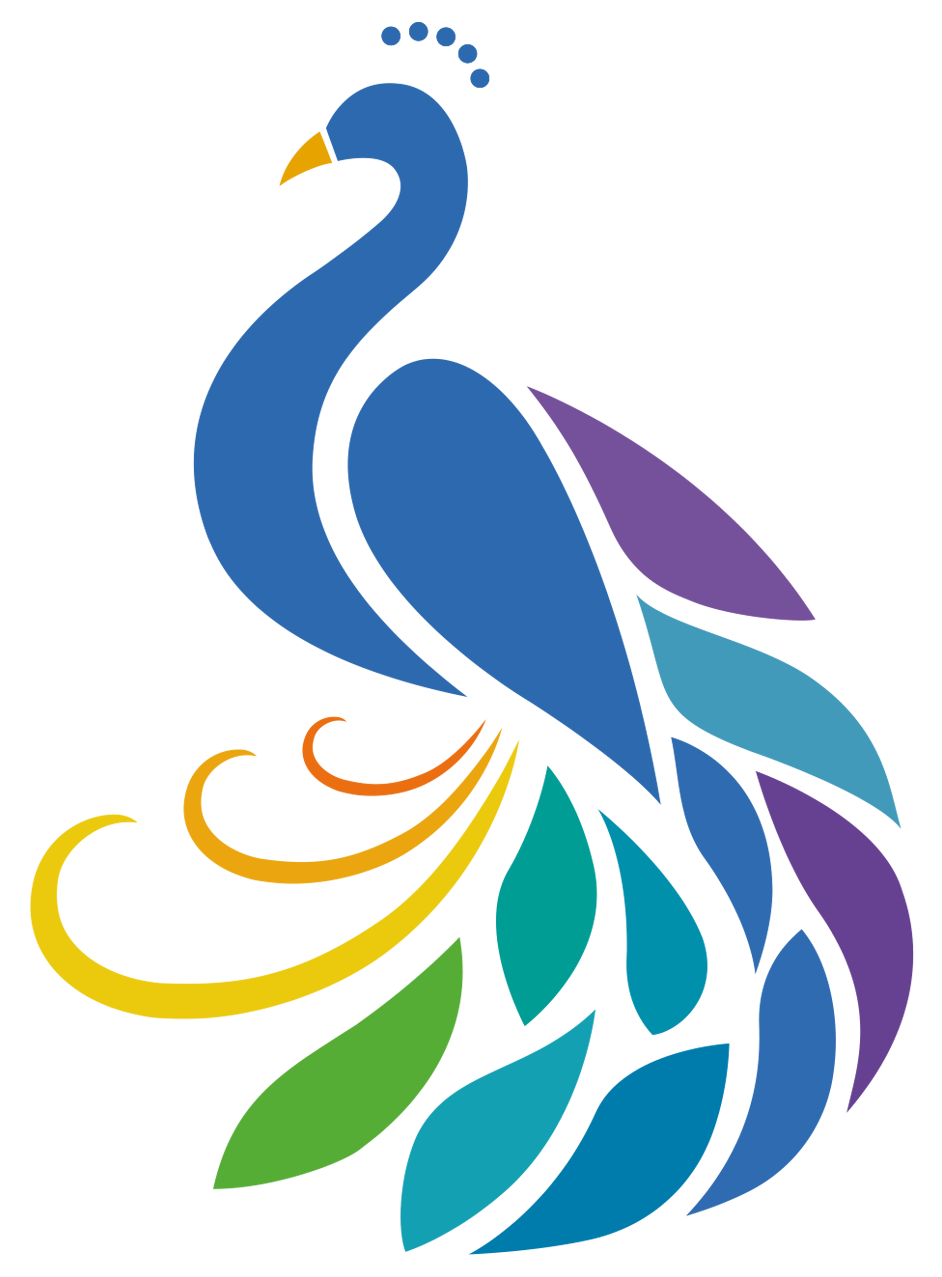 Ein Logo mit einem symbolhaften Pfau, der in Blau-, Lila-, Grün- und Gelbtönen dargestellt ist.