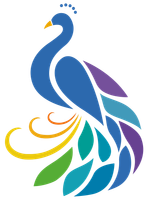Farbenfrohes, stilisiertes Pfauenlogo mit blauen, violetten, türkisfarbenen, grünen und goldenen Federn