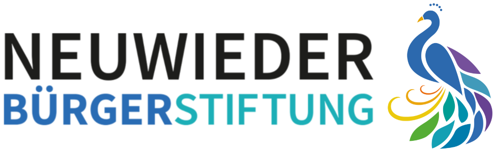 Logo der Neuwieder Bürgerstiftung in Schwarz, Blau und Türkis mit einem mehrfarbigen, pfauenartigen Symbol