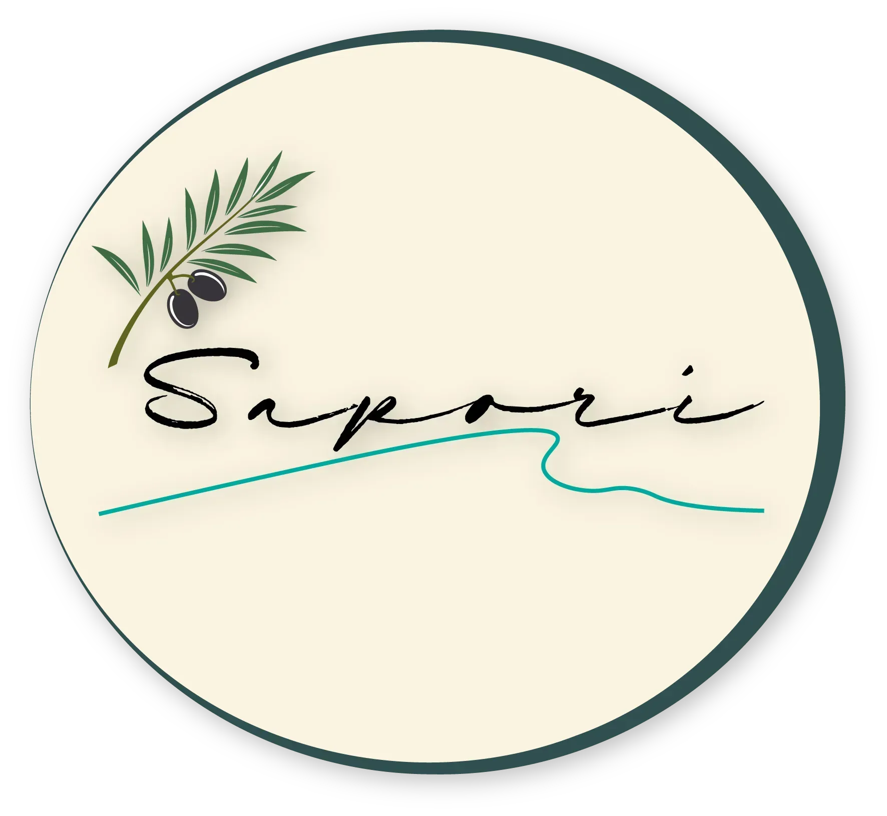 Logotipo de "Sapori" con una rama de olivo y texto escrito sobre un círculo beige.