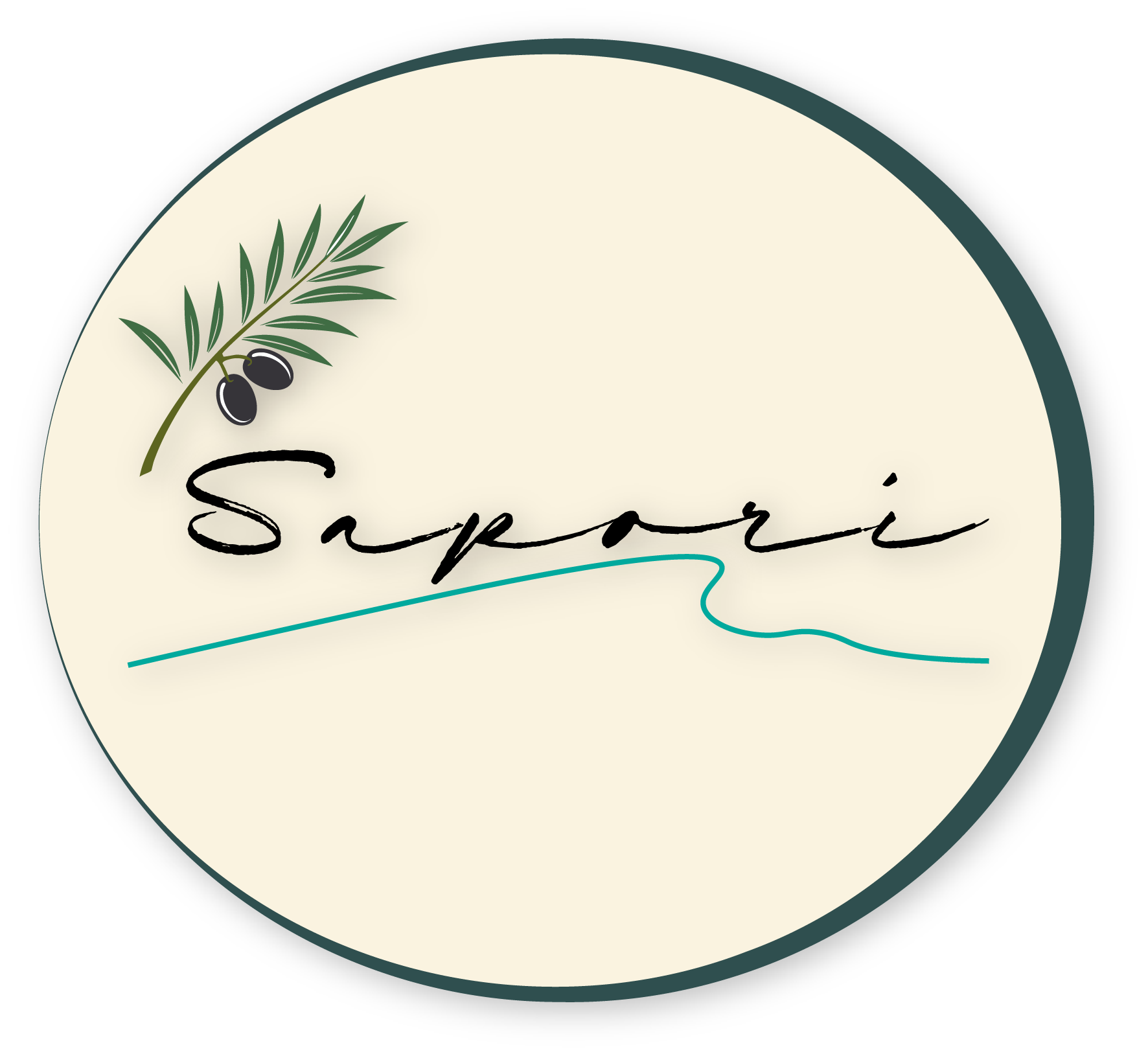 Logotipo de "Sapori" con una rama de olivo y texto escrito sobre un círculo beige.