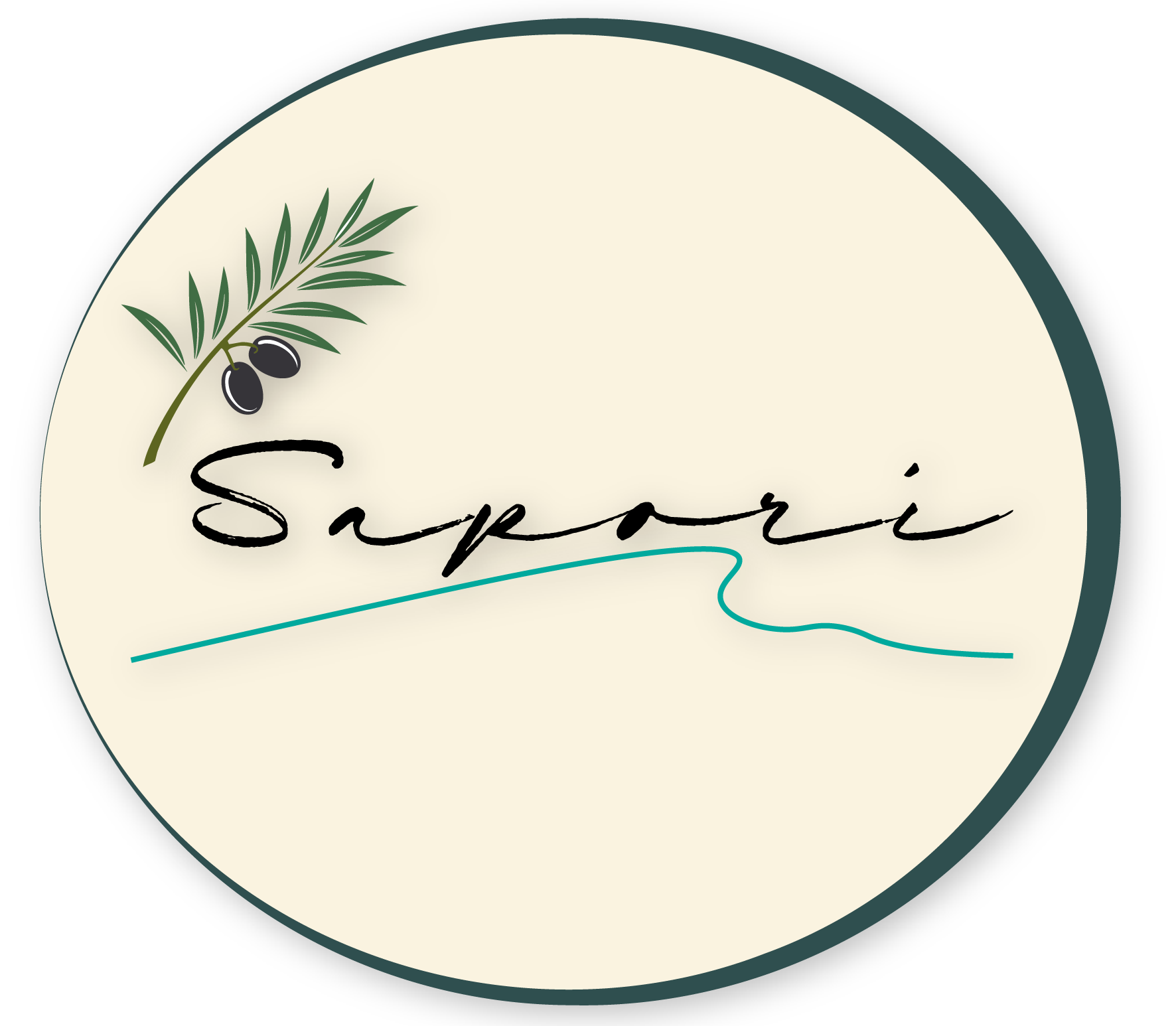 Logotipo de Sapori. Rama de olivo, texto cursivo y línea verde azulado sobre un círculo beige con borde verde oscuro.