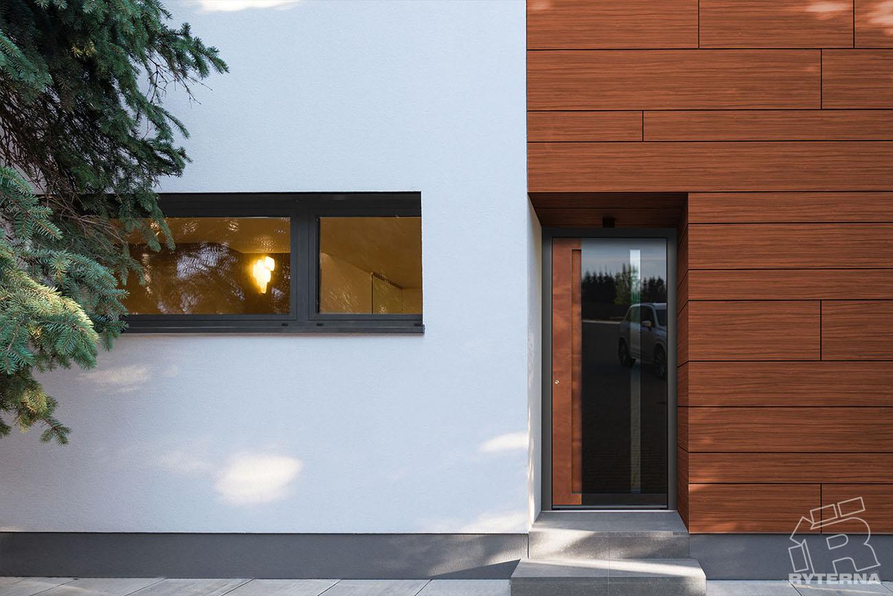 Porte noire moderne avec des panneaux horizontaux en bois pour cercler la porte.