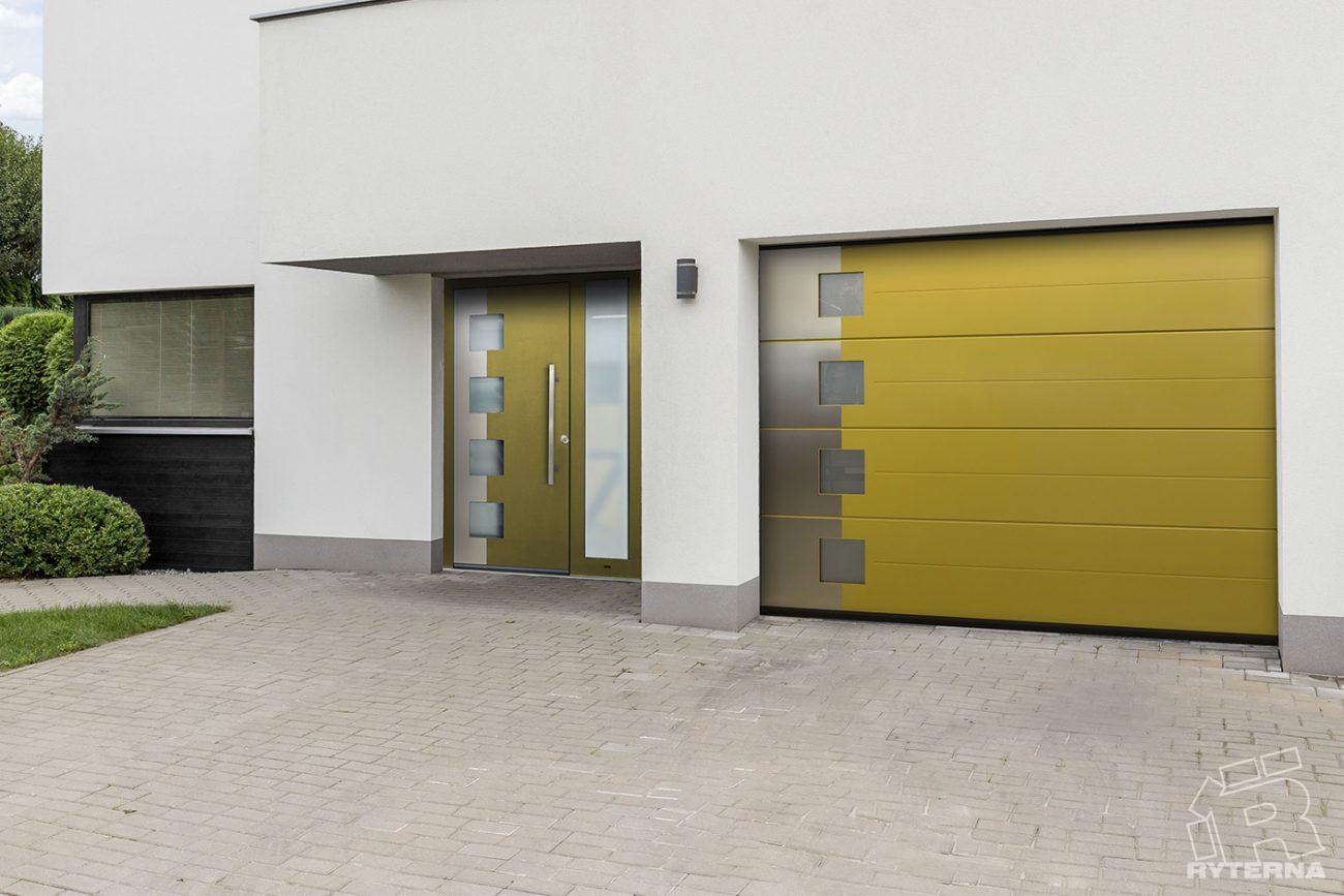 Porte d'entrée et porte de garage associé de couleur vert pomme de style moderne.