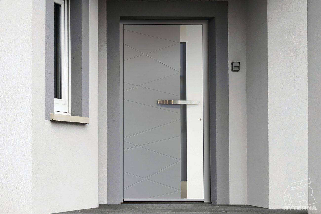 Porte grise au design minimaliste avec une fine ligne verticale blanche.