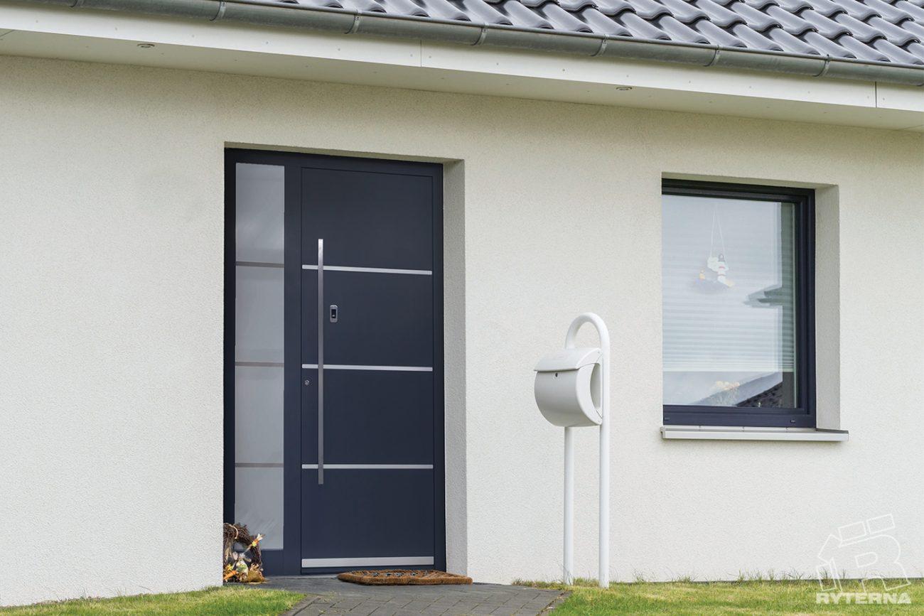Porte d'entrée en aluminium foncé avec vitrage vertical et poignées longues en acier.