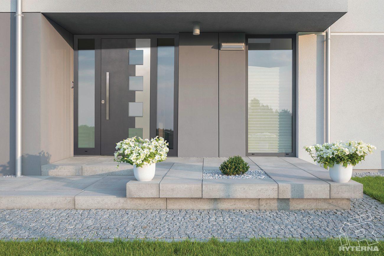 Porte d'entrée grise et grande fenêtre de couleur grise  de style moderne.