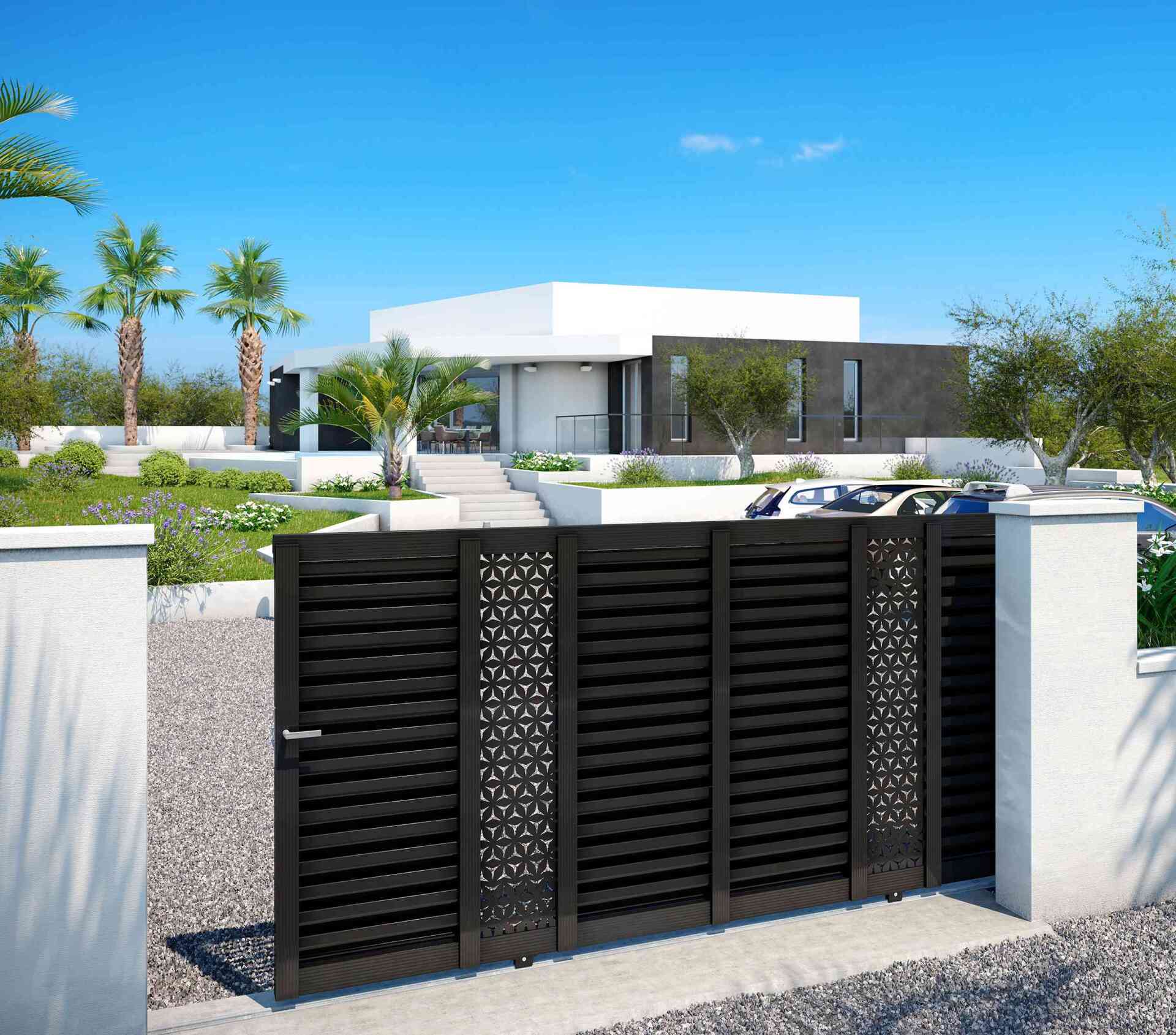 Avant-garde coulissant noir avec motifs différents selon les panneaux