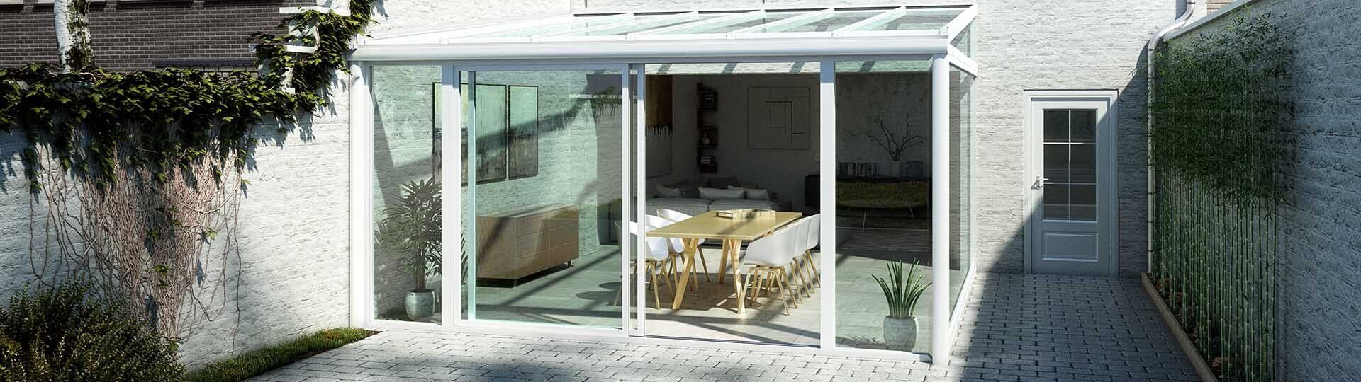 Pergola blanche avec baie vitrée coulissante tout autour