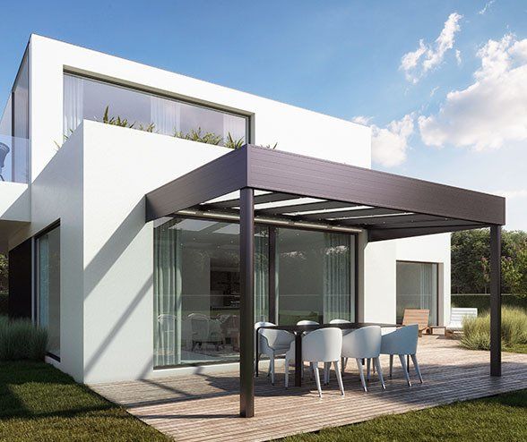 Pergola brune accolée à une maison blanche design