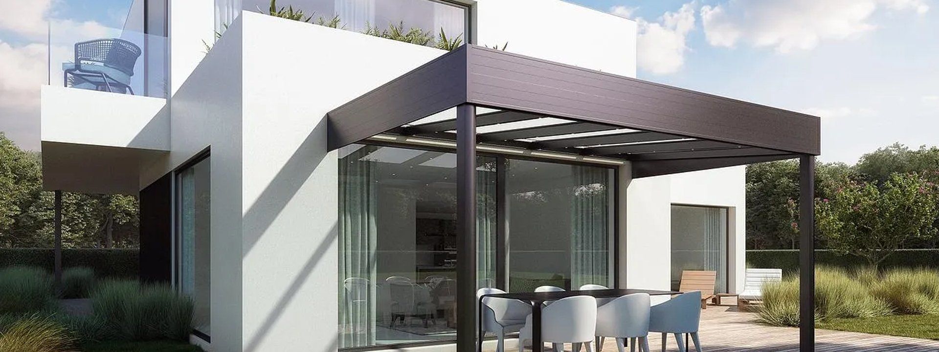 Pergola brune accolée à une maison blanche design