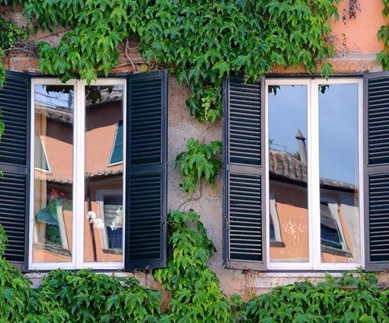 Deux fenêtres blanches avec volets battants sombres