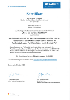 Zertifikat für die Teilnahme an einem Rauchmelder-Seminar
