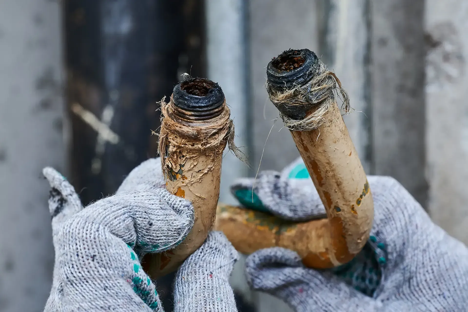 Manos en guantes sosteniendo dos accesorios de tubería corroídos.