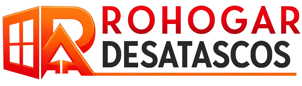 Logotipo para "DESATASCOS FONTANERIA" con una ventana, la letra "R" y palabras.