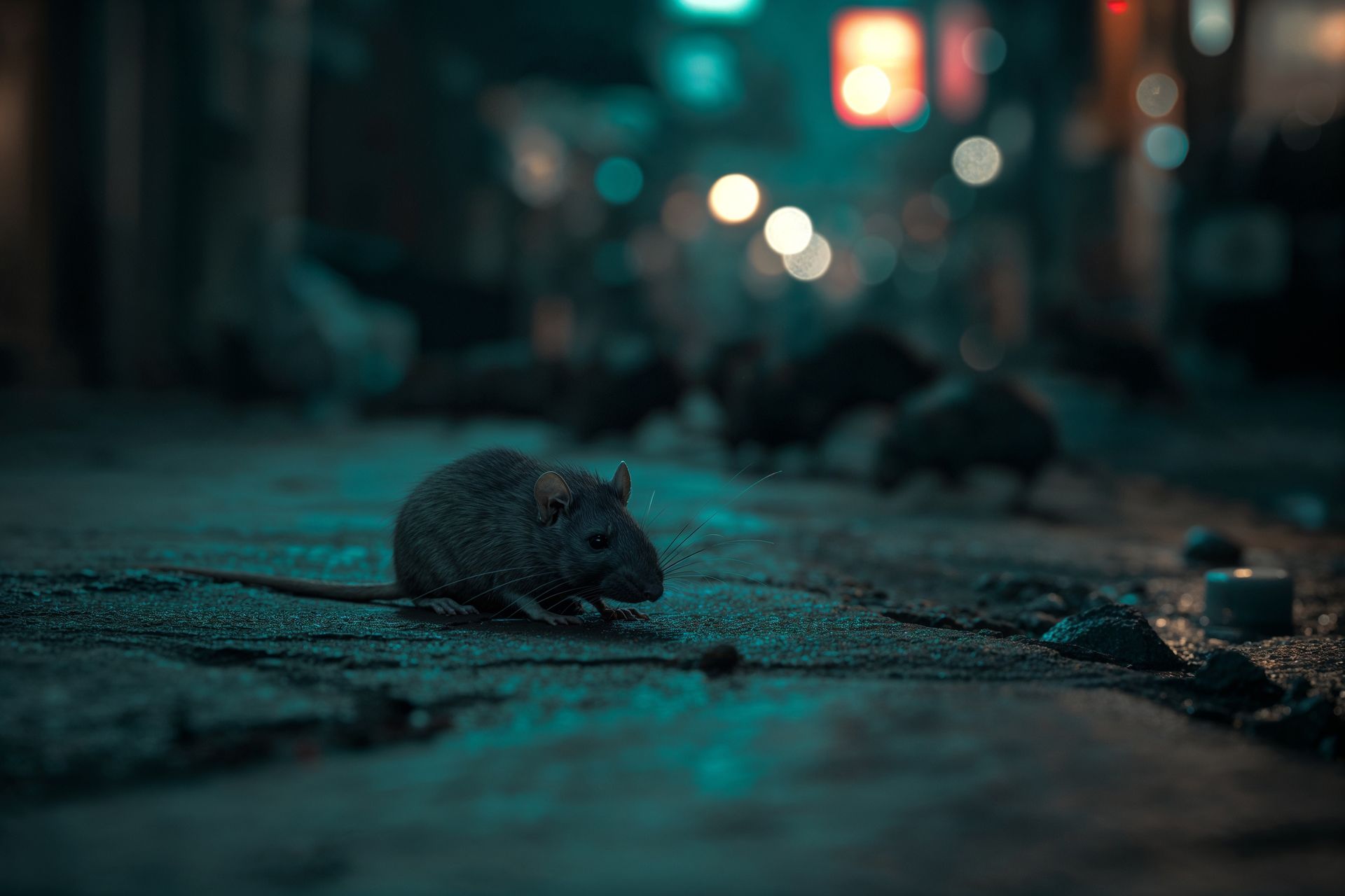 Un rat dans une rue sombre d'une ville, la nuit, avec des lumières floues en arrière-plan.