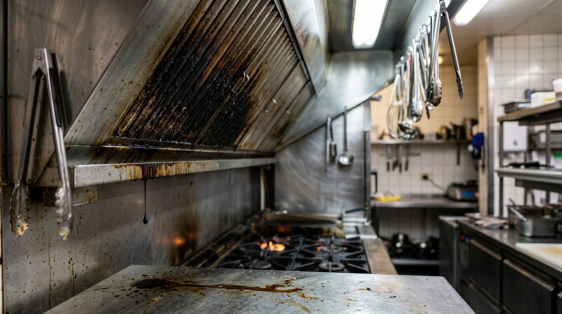 Gril de cuisine commerciale sale avec accumulation de graisse et ustensiles suspendus