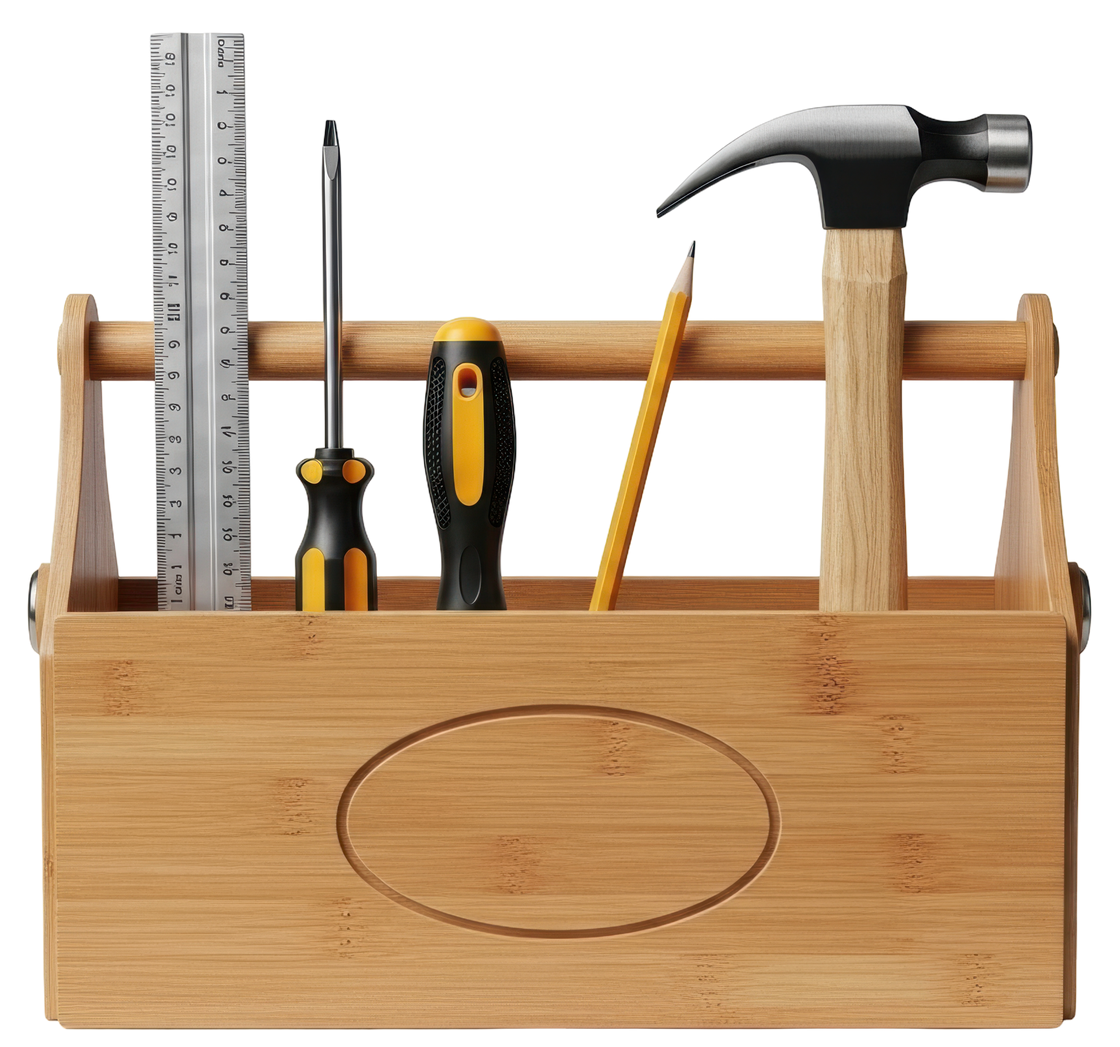 Boîte à outils en bois contenant une règle, des tournevis, un crayon et un marteau.