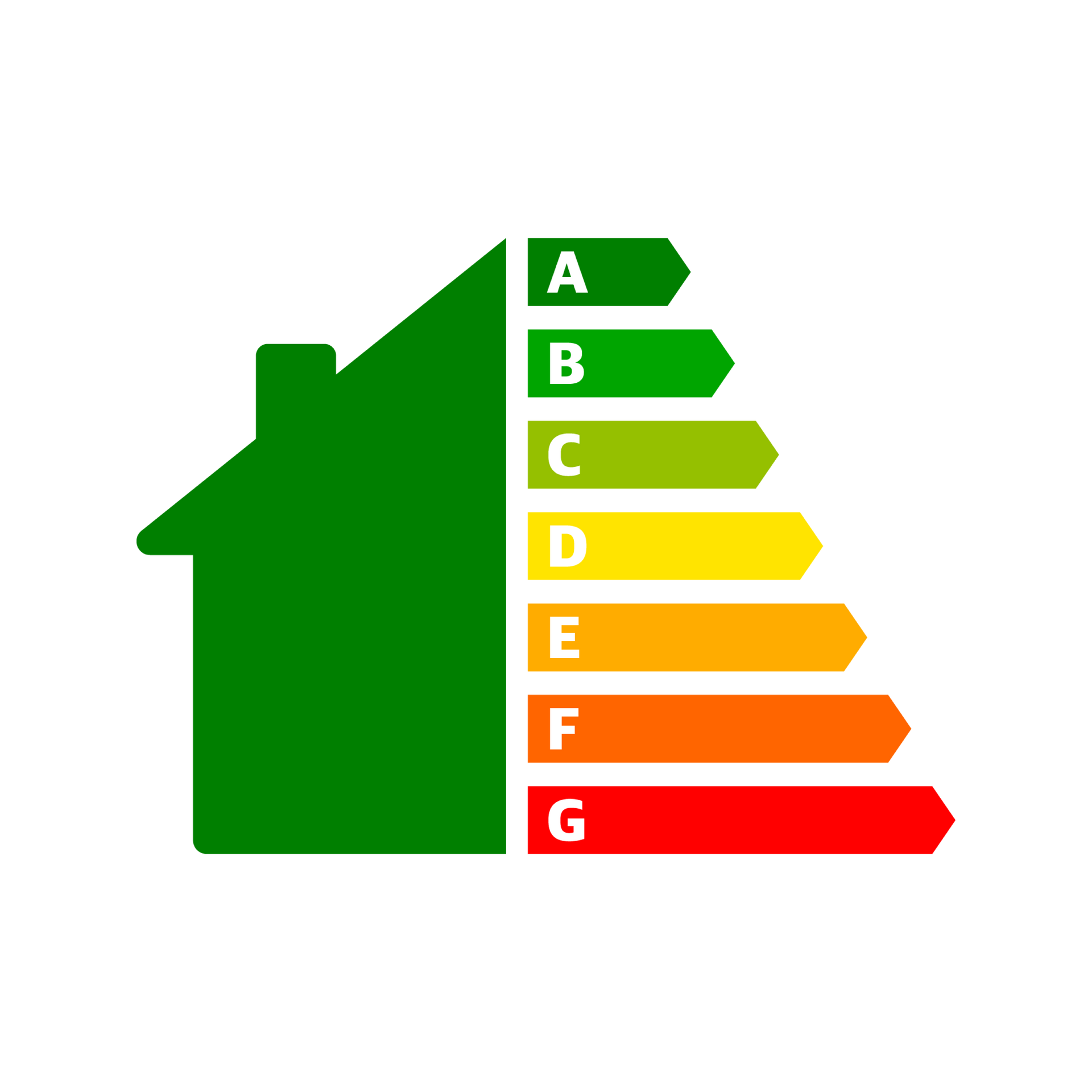 Maison verte à côté des barres d'efficacité énergétique AG, allant du vert au rouge.