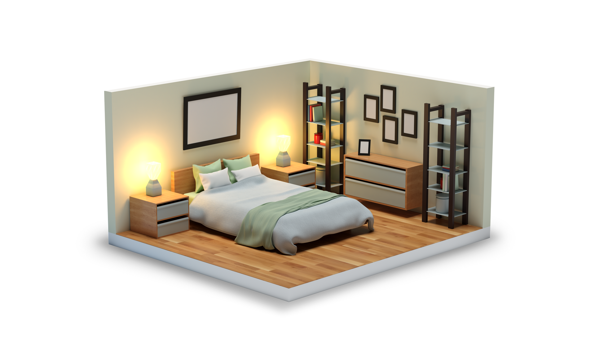 Chambre avec un lit, des tables de chevet, des lampes, une commode, un miroir et des tableaux encadrés sur parquet.