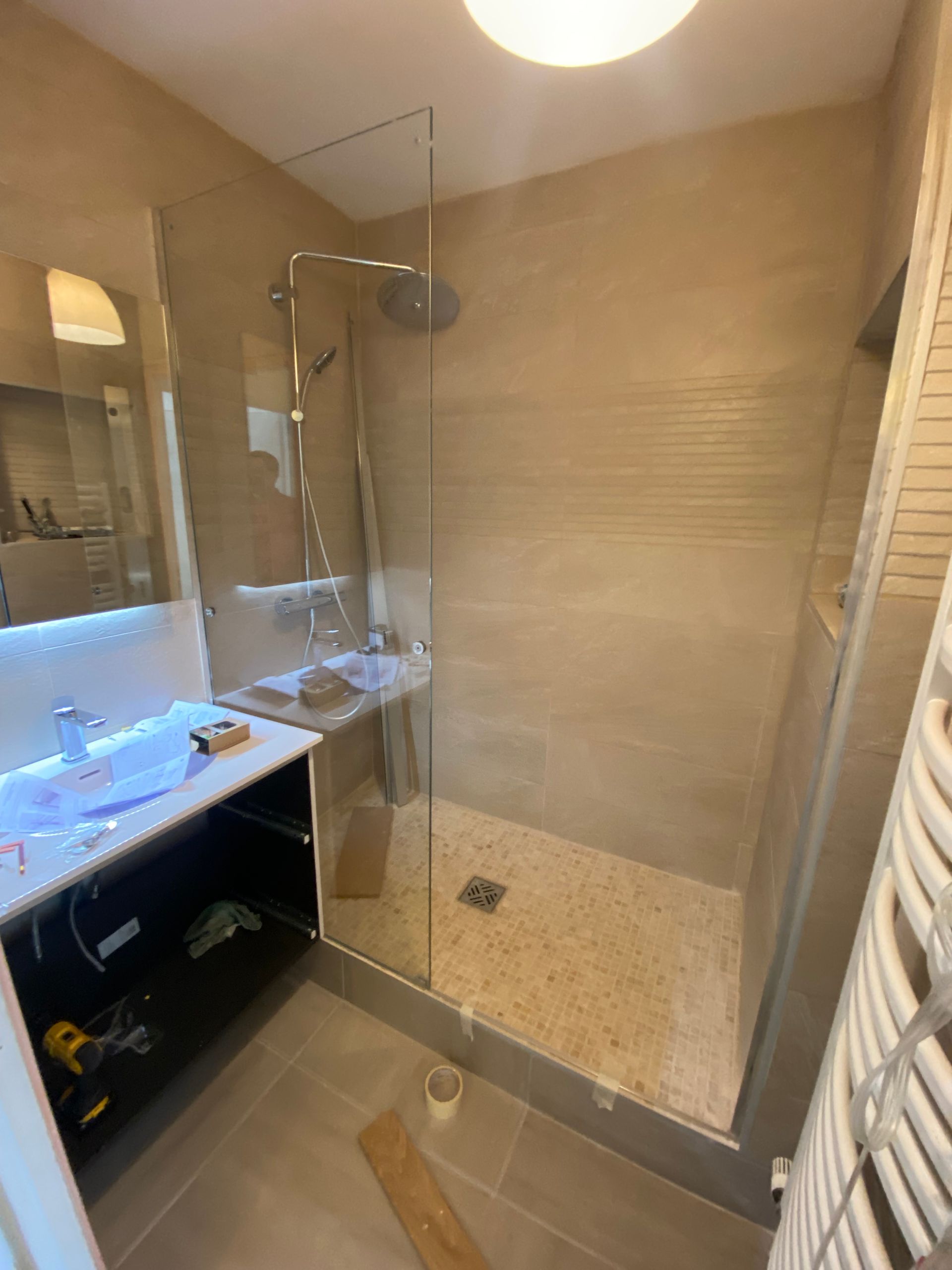 Salle de bains moderne avec douche à l'italienne, paroi de douche en verre, lavabo et sèche-serviettes.