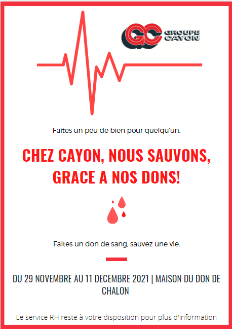 Publicité pour le don du sang par Cayon : texte rouge et graphique de fréquence cardiaque ; dates et lieu indiqués.