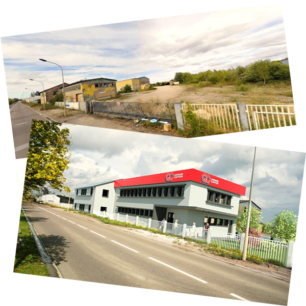 Avant et après : un site industriel délabré transformé en un bâtiment commercial moderne avec une enseigne rouge.