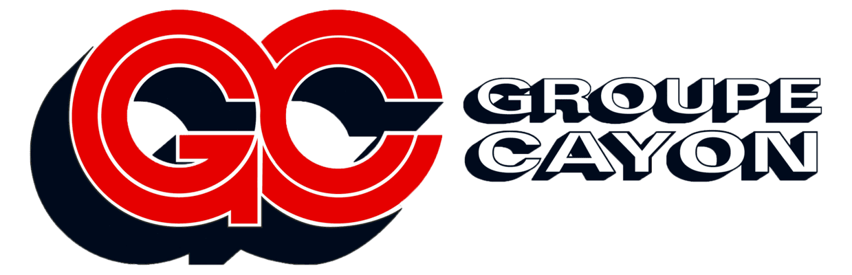Logo : Lettres « GC » rouges avec ombre bleue, « GROUPE CAYON » en texte blanc.
