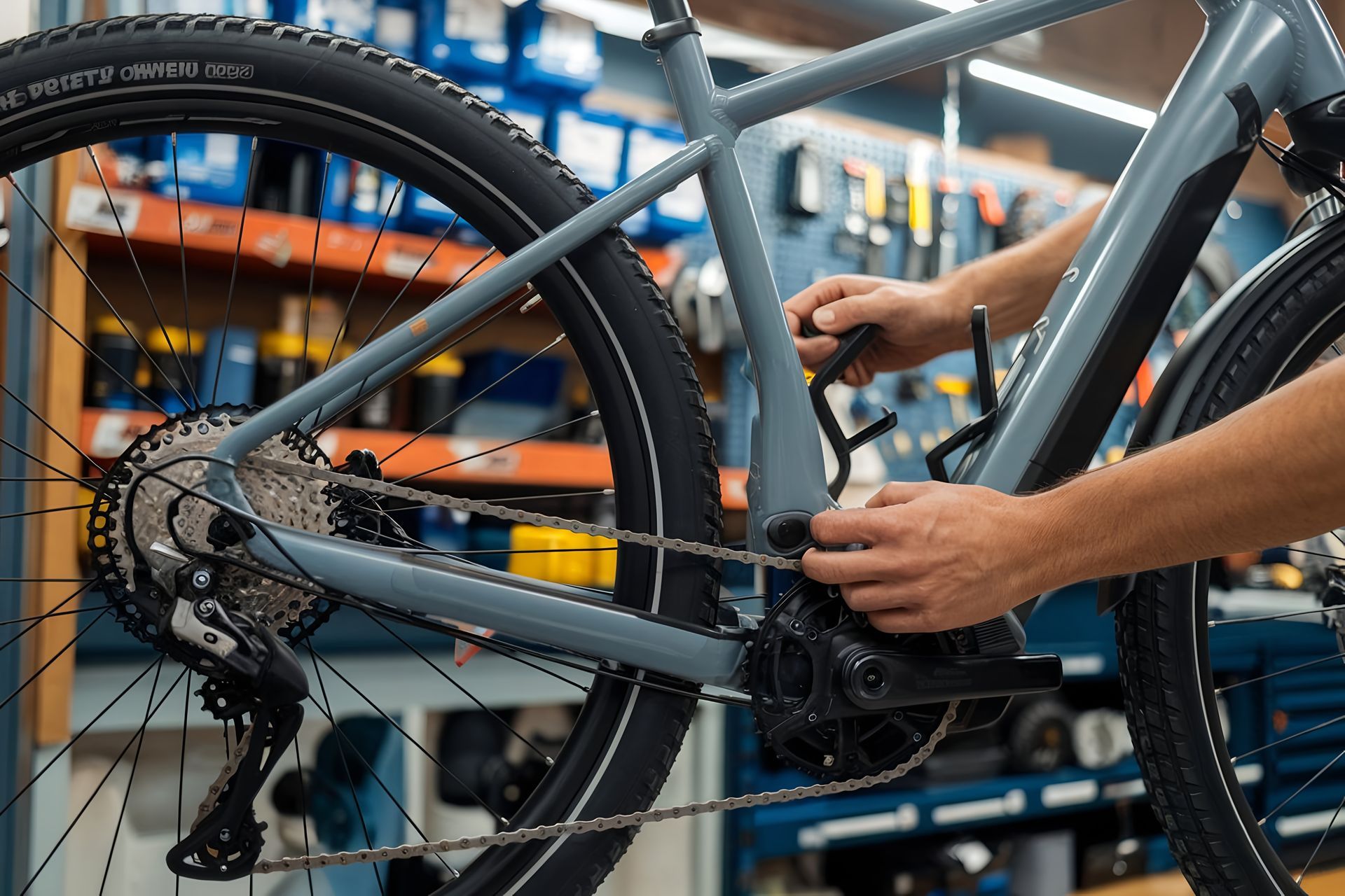 Un professionnel en train de réparer un vélo électrique