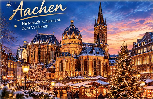Der Aachener Weihnachtsmarkt in der Abenddämmerung mit beleuchtetem Dom, verschneiten Ständen und festlicher Beleuchtung unter einem farbenfrohen Himmel