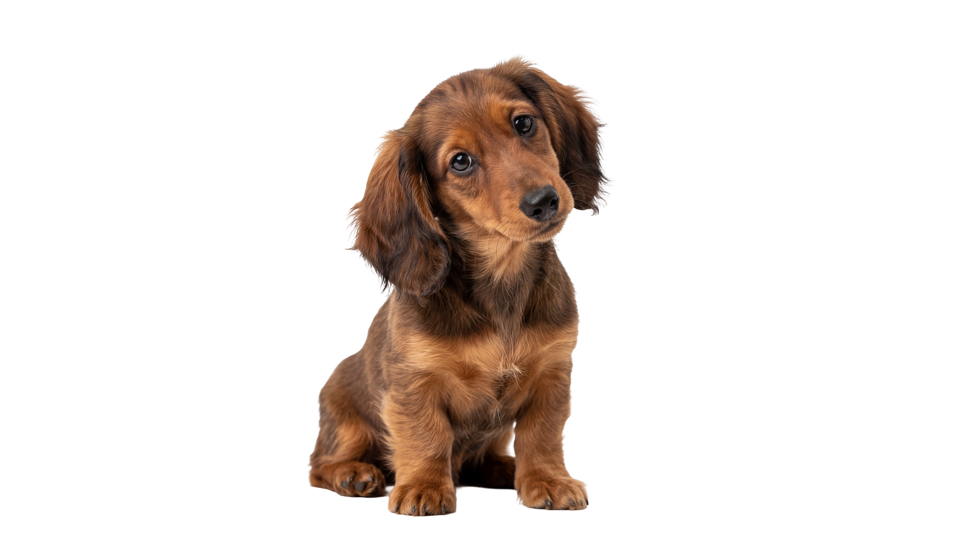 Chiot teckel marron assis sur fond blanc.