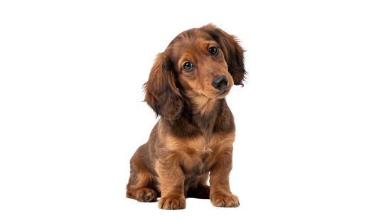 Chiot teckel marron assis sur fond blanc.