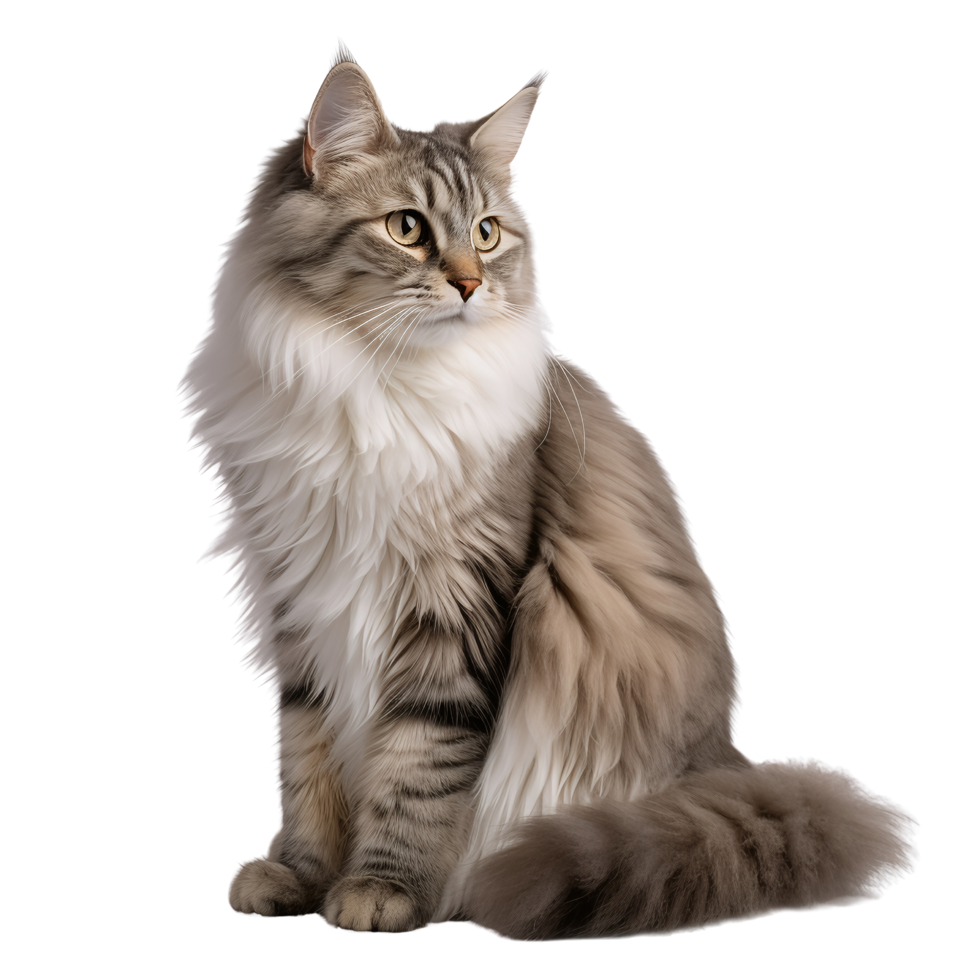 Chat tigré gris-brun duveteux assis sur un fond blanc, regardant vers la gauche.