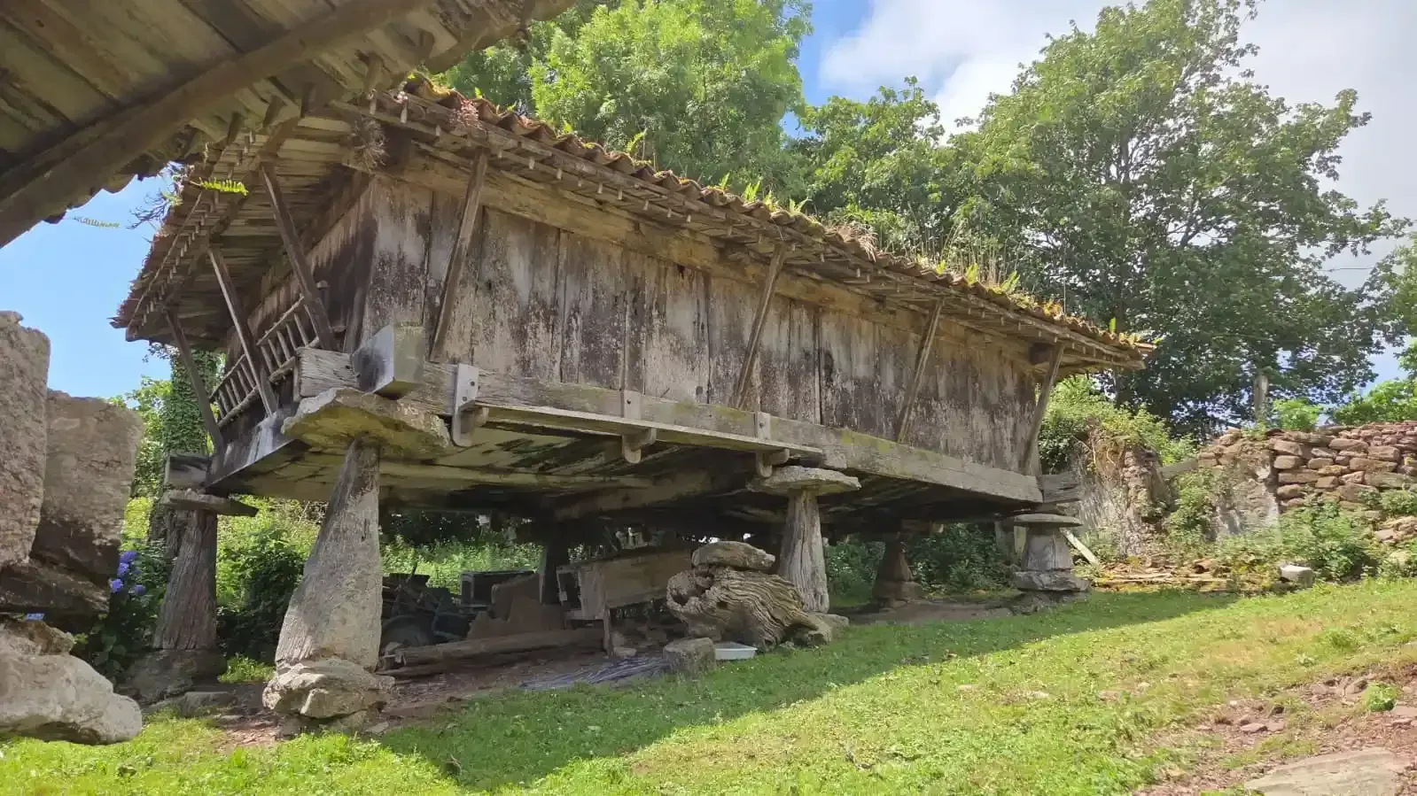 Antigua ruina de piedra con techo de madera inclinado en un entorno exterior cubierto de hierba