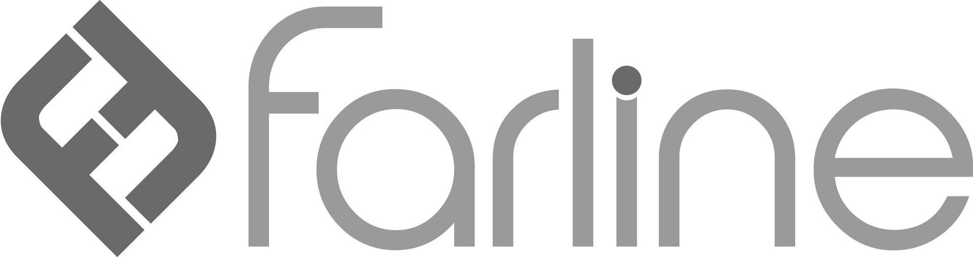 Logotipo de Farline. Gris y blanco. El logotipo presenta un diseño geométrico y la palabra 