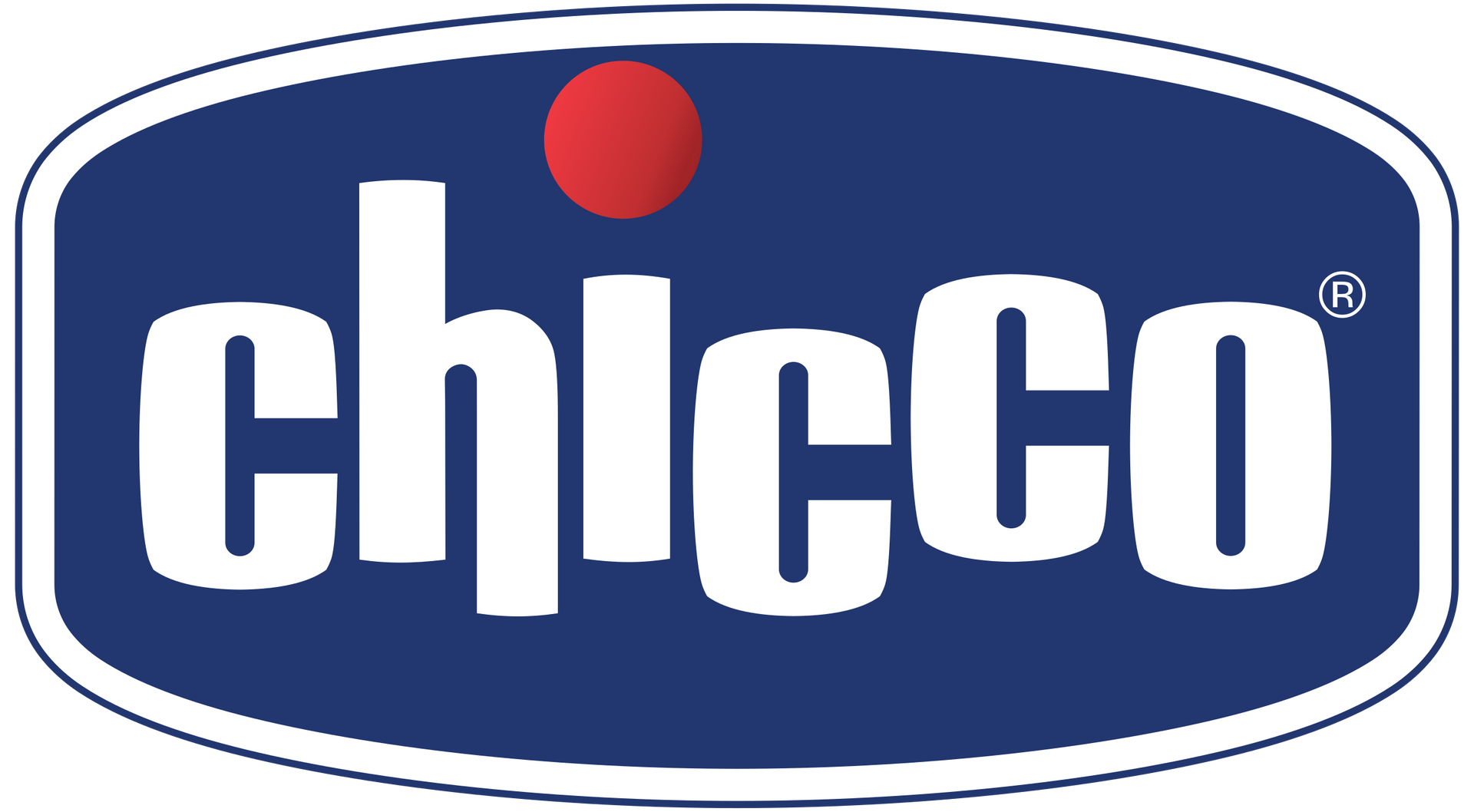 Logotipo de Chicco, texto blanco sobre óvalo azul, punto rojo encima de 