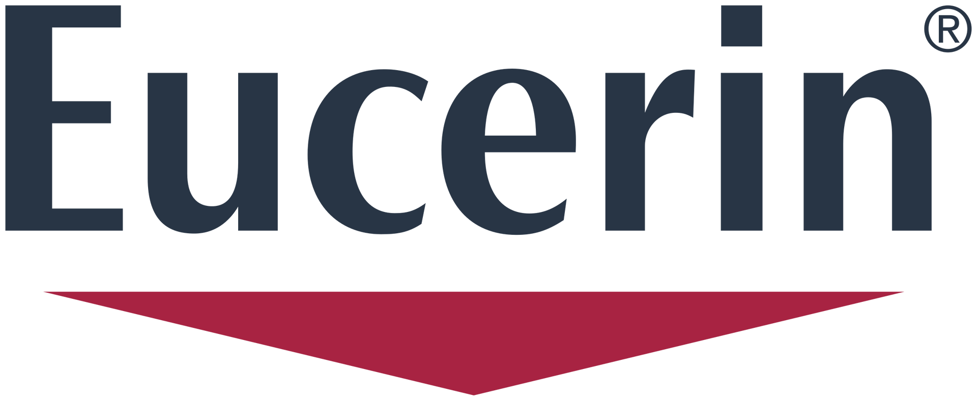 Logotipo de Eucerin en fuente azul oscuro, con una flecha roja oscura apuntando hacia abajo debajo.