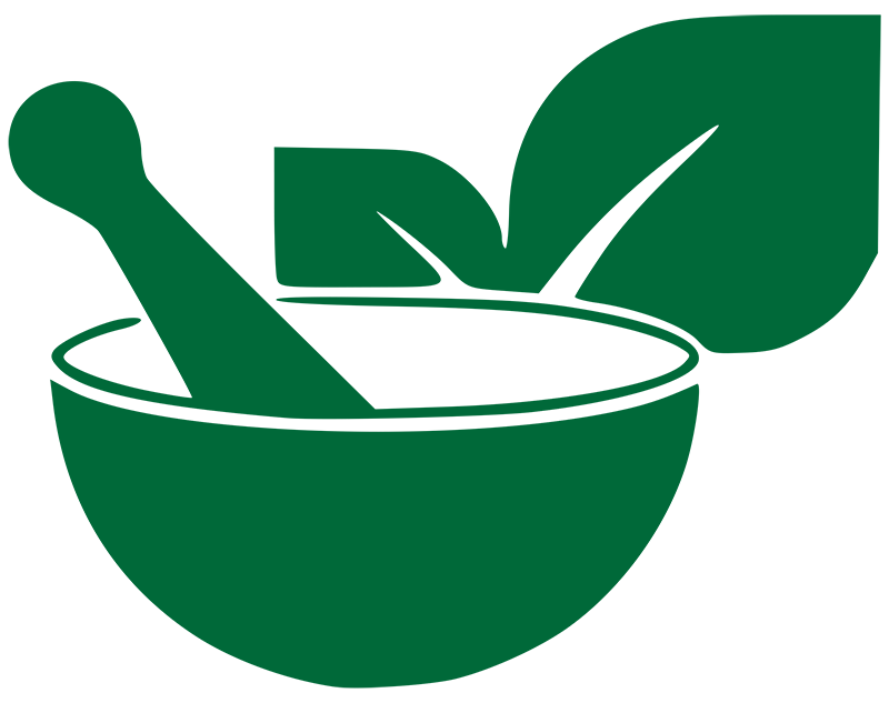 Mortero verde con hojas, símbolo de farmacia.
