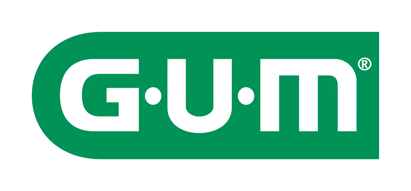 Logotipo de GUM dentro de un rectángulo verde redondeado. Las letras son blancas.
