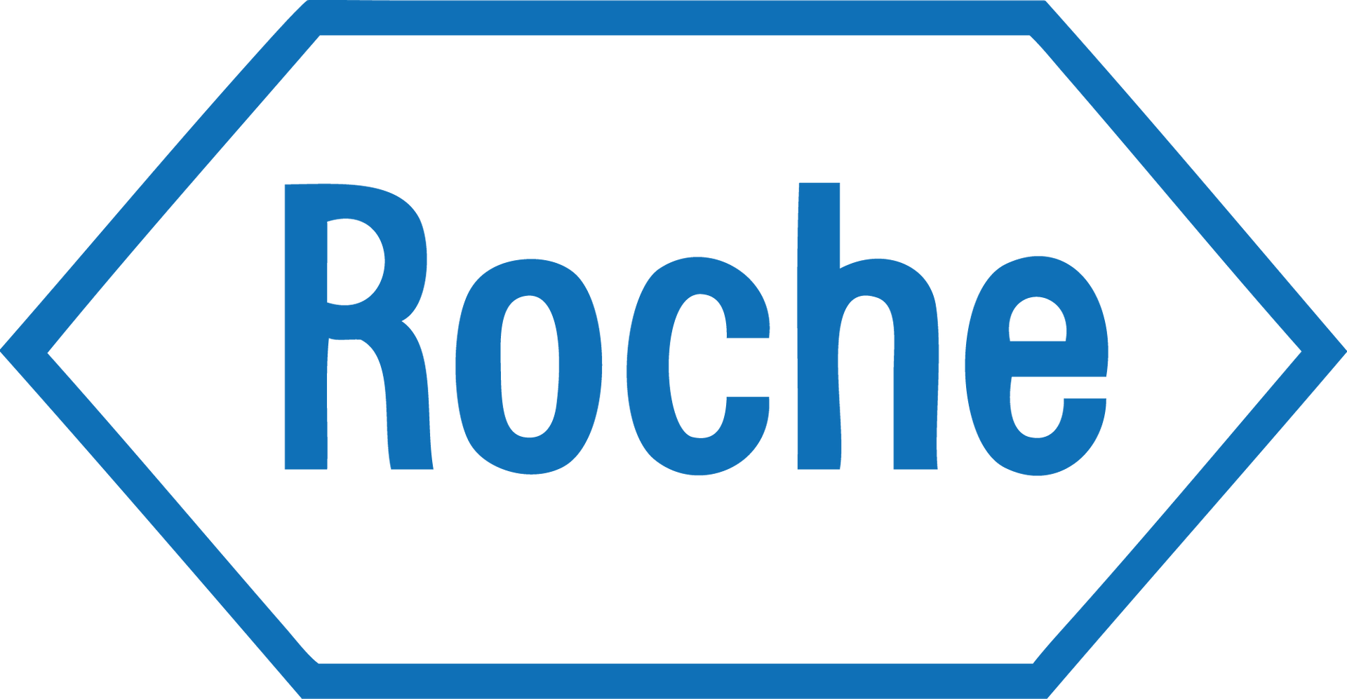 Logotipo de Roche: texto azul dentro de un marco hexagonal blanco, delineado por un borde azul.