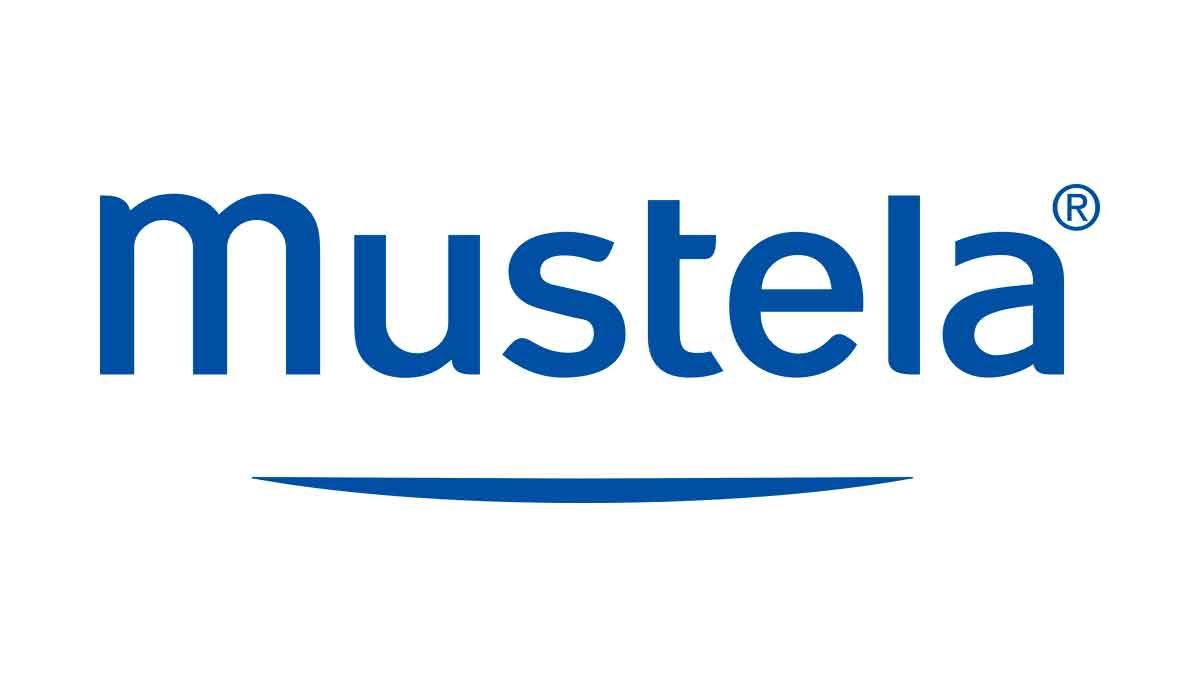 Logotipo de Mustela en texto azul con una línea azul debajo sobre fondo blanco.