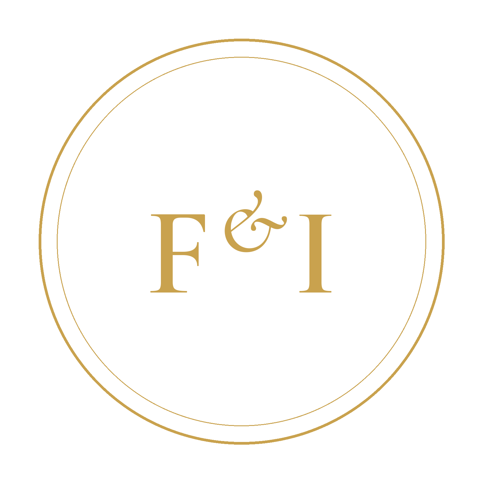 Monogramme « F&I » doré à l'intérieur d'un double cercle fin sur fond blanc