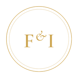 Monogramme F&I en or à l'intérieur d'un fin double cercle doré sur fond blanc