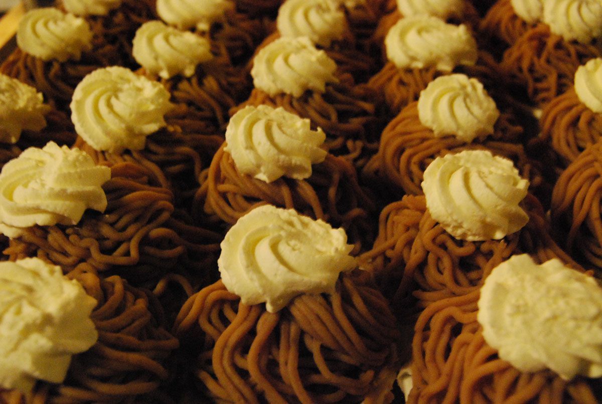 Verschiedene Cupcakes mit Schokoladen- und Vanillefrosting, dicht nebeneinander angeordnet